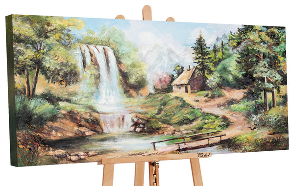 Картина «Водоспад» – гірський пейзаж з хатинкою